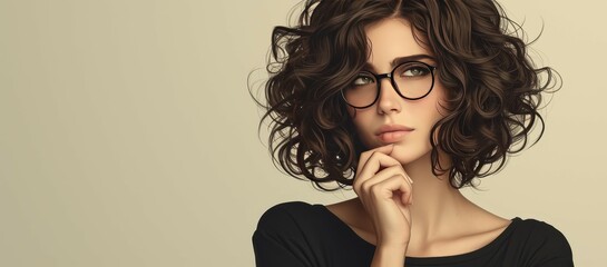 Young woman with glasses thinking over grey background, contemplating a copy space concept