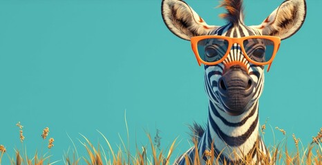 Obraz premium Zebra with colorful glasses on blue background. Cartoon animal character concept. Funny zebra portrait