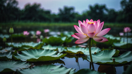 Beautiful pink lotus flower close up in pond at red lotus lake, Udonthani
