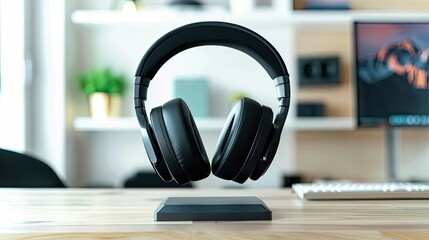 Black wireless in-ear headphones stood on the desk, in front of it was a wooden table and an office background. Captured at an angle above to highlight the details of the ear cup.