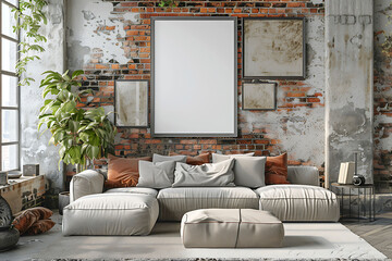 Mockup poster frame 3d render in a chic loft apartment living room with industrial accents, hyperrealistic