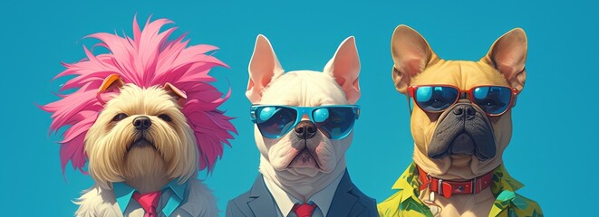 Three Chinese disco dogs were built with fashionable colorful wigs and sunglasses