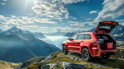 A red SUV with an open trunk stands on the edge of an alpine mountain, with a panoramic view of the mountains and a blue sky with clouds.