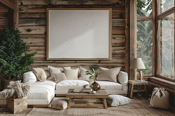 Mockup poster frame 3d render in a cozy cabin living room with natural wood finishes and rustic decor, hyperrealistic
