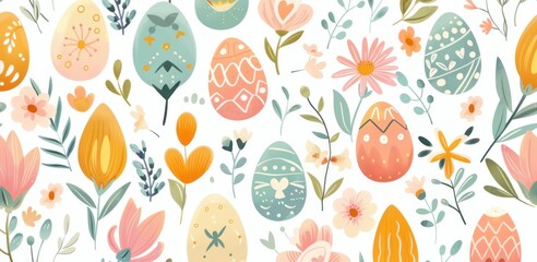 Colorful Easter pattern with decorated eggs and spring flowers. Seasonal celebration and festive decoration.