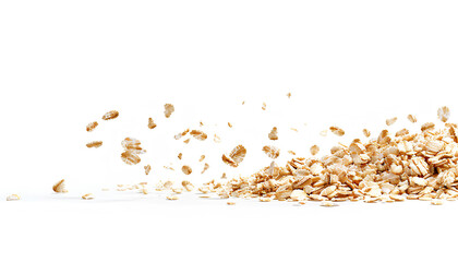 Flying raw oatmeal on white background