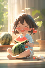 Fototapeta premium Summer illustration of children eating watermelon to enjoy the coolness, Beginning of Summer solar term to relieve summer heat and cool down poster