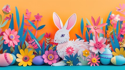 Obraz premium Vibrant Easter greeting card with a paper cut style border, featuring a bunny, flowers, and eggs.