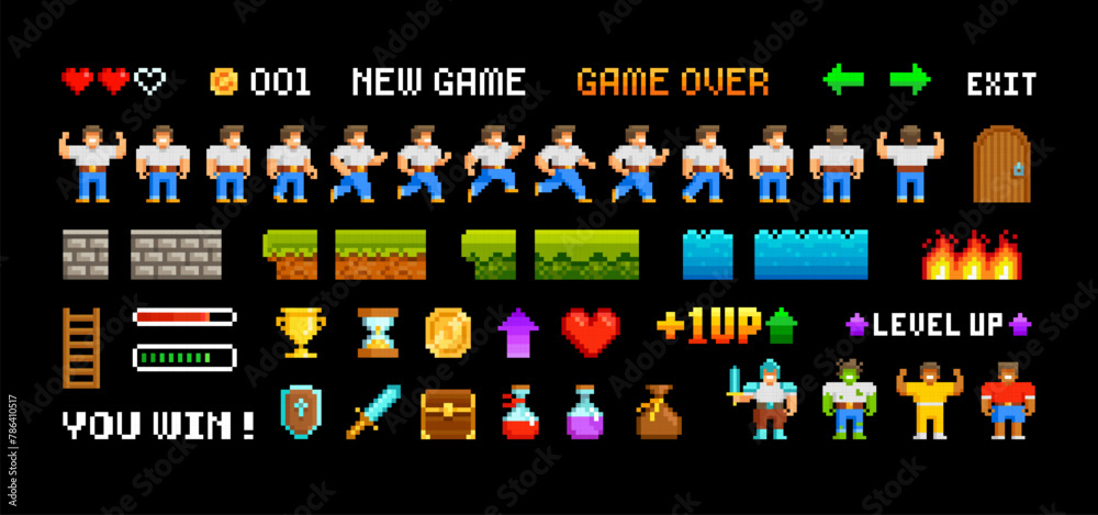 Poster retro pixel game trophy icons and vector elements for adventure arcade level design. level up hero c