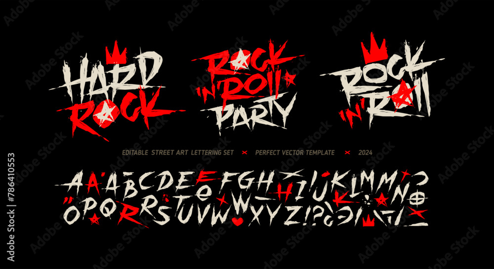 Poster Rock'n'roll Party grunge font type alphabet with signs and symbols. Street Art graffiti style font type letterning. Hard Rock style elements collection for tee print and textile pattern design