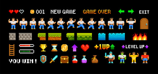 Retro Pixel Game trophy icons and vector elements for adventure arcade level design. Level up hero character animation game design. Retro video game sprites in 80s - 90s style. Perfect pixel graphics