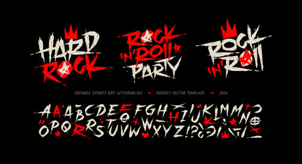 Rock'n'roll Party grunge font type alphabet with signs and symbols. Street Art graffiti style font type letterning. Hard Rock style elements collection for tee print and textile pattern design