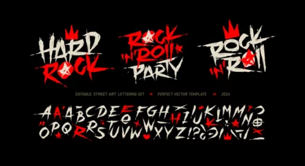 Fototapeten Graffiti Rock'n'roll Party grunge font type alphabet with signs and symbols. Street Art graffiti style font type letterning. Hard Rock style elements collection for tee print and textile pattern design  © VRTX