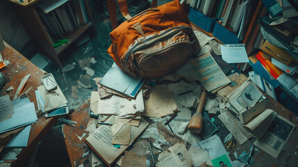 A school bag tossed onto a messy desk, surrounded by scattered papers and stationery.