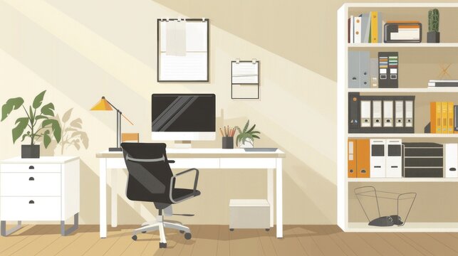 Modern home office interior design with minimalist white desk, ergonomic chair, desktop computer, and organized shelf with plants and books. Professional workspace organization.
