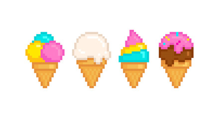 Perfect Pixel Ice Cream cone colorful rainbow set in retro game style.  Pixel mosaic Ice Сream icons collection - editable cartoon vector isolated from white background