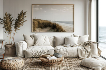 Mockup poster frame 3d render in a transitional coastal living room with a mix of modern and beachy elements, hyperrealistic