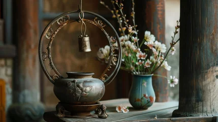 Fototapeten Ceramic incense burner, round metal base with flower decoration and a small bronze bell hanging on top of the ring shaped iron frame. There is also a vase next to it that contains flowers or greenery. © Yusif
