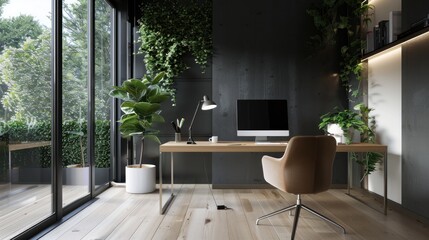 Modern home office interior with computer on desk, comfortable chair and large windows with garden view. Home office and interior design.