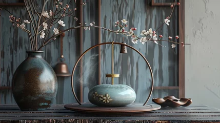 Fototapeten Ceramic incense burner, round metal base with flower decoration and a small bronze bell hanging on top of the ring shaped iron frame. There is also a vase next to it that contains flowers or greenery. © Yusif