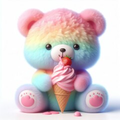 rainbow pastel teddy bear eating pink strawberry ice cream on white background