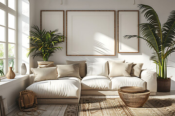 Mockup poster frame 3d render in a coastal-themed living room with breezy decor and nautical elements, hyperrealistic
