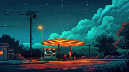 Obraz premium Countryside Gas Station. Night Sky Harmony