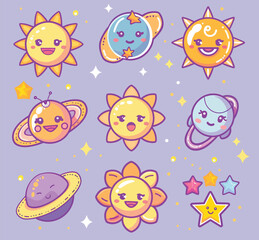 a set of cartoon sun and moon stickers