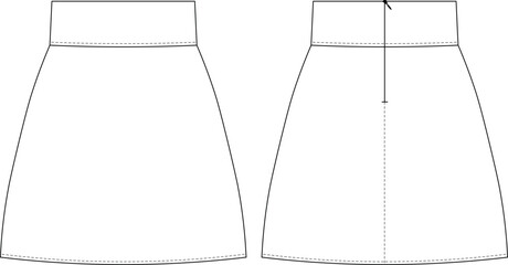 zippered short mini a-line skirt denim jean template technical drawing flat sketch cad mockup fashion woman design style model
