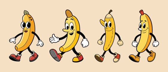 Fototapeta premium Set of Banana retro funky cartoon characters. smile face, Groovy summer vector illustration.