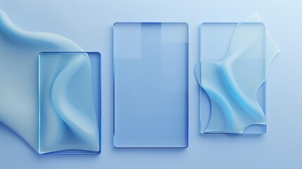 Transparent thin rounded rectangular shapes overlapping, blue background, gradient frosted glass effect