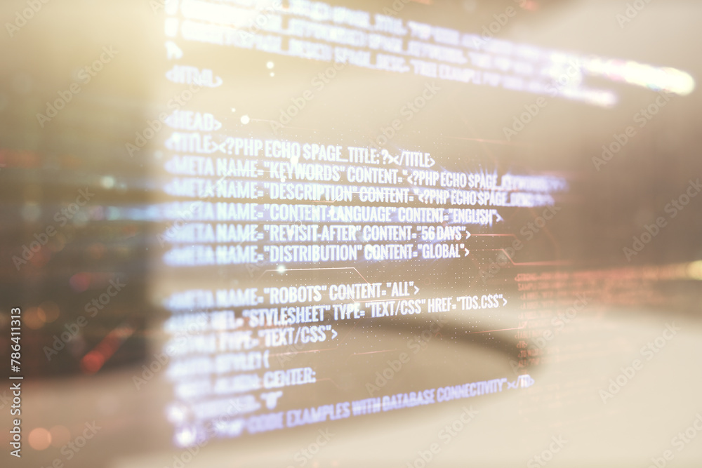 Aufkleber multi exposure of abstract software development hologram on empty modern office background, research