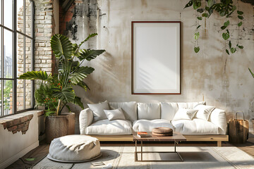 Mockup poster frame 3d render in a contemporary farmhouse living room with a blend of rustic and industrial elements, hyperrealistic