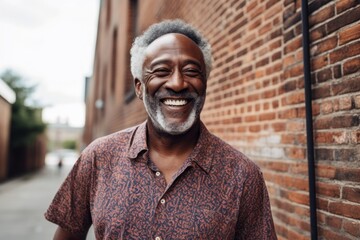 Portrait of a grinning afro-american man in his 60s donning a trendy cropped top in vintage brick wall