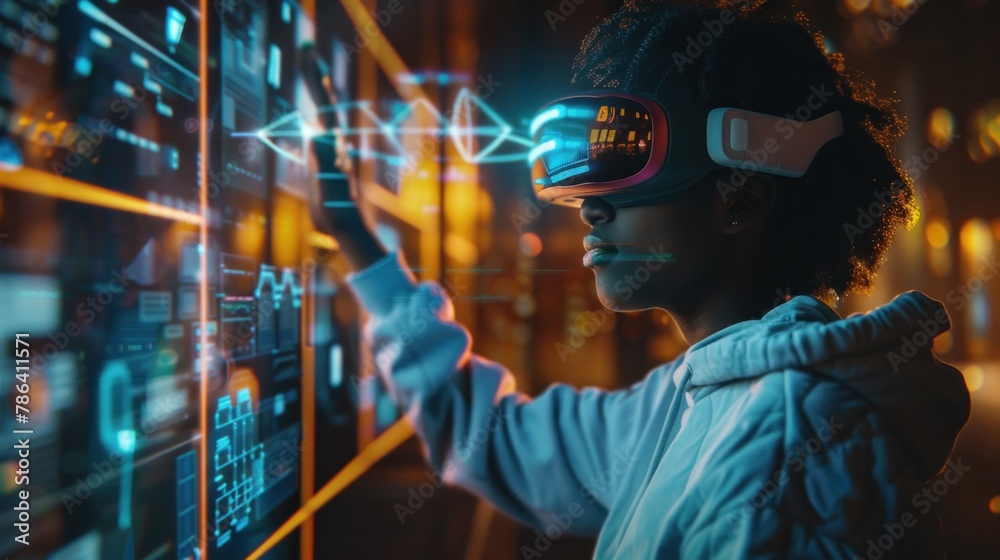 Aufkleber person using augmented reality glasses to interact with objects in a metaverse environment, explorin