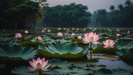 Beautiful pink lotus flower close up in pond at red lotus lake, Udonthani
