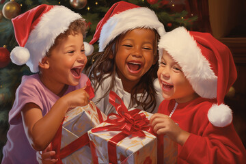 Fototapeta na wymiar Kids excitedly opening presents on Christmas morning, their faces lighting up with joy as they unwrap gifts and discover surprises hidden beneath colorful