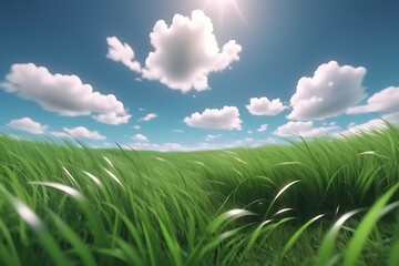 Fototapeta na wymiar Blue Cloudy Sky and Green Meadows, Nature Landscape