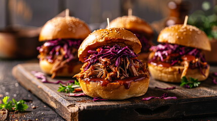 BBQ pulled pork sliders with tangy coleslaw on mini brioche buns.
