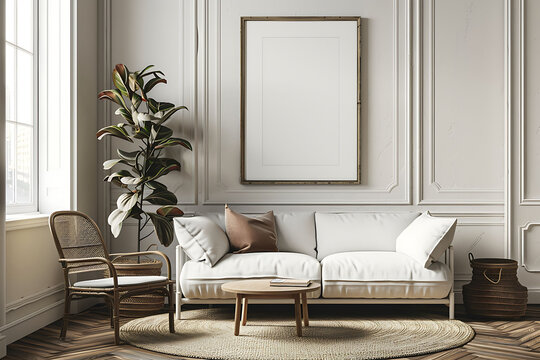 Mockup poster frame 3d render in a transitional living room with a blend of contemporary and traditional elements, hyperrealistic