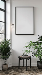 Mockup poster frame above a Accent Table in aliving room, modern interior scanidavian style