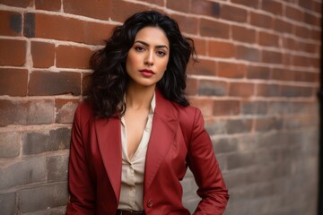 Portrait of a satisfied indian woman in her 20s dressed in a stylish blazer over vintage brick wall