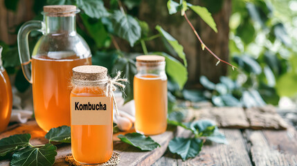 Bottles of organic kombucha on wooden table, natural background, copy space. Homemade kombucha tea, rustic presentation. Bottled kombucha tea. Fermented kombucha drink with label
