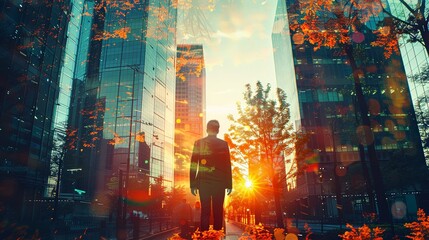 Man walking on green city street wearing suit at sunset with forest nature overlay on skyscrapers