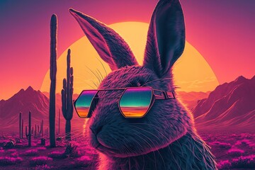 Art of Rabbit Wearing Sunglasses Against Vaporwave Sunset - Cyberpunk - obrazy, fototapety, plakaty