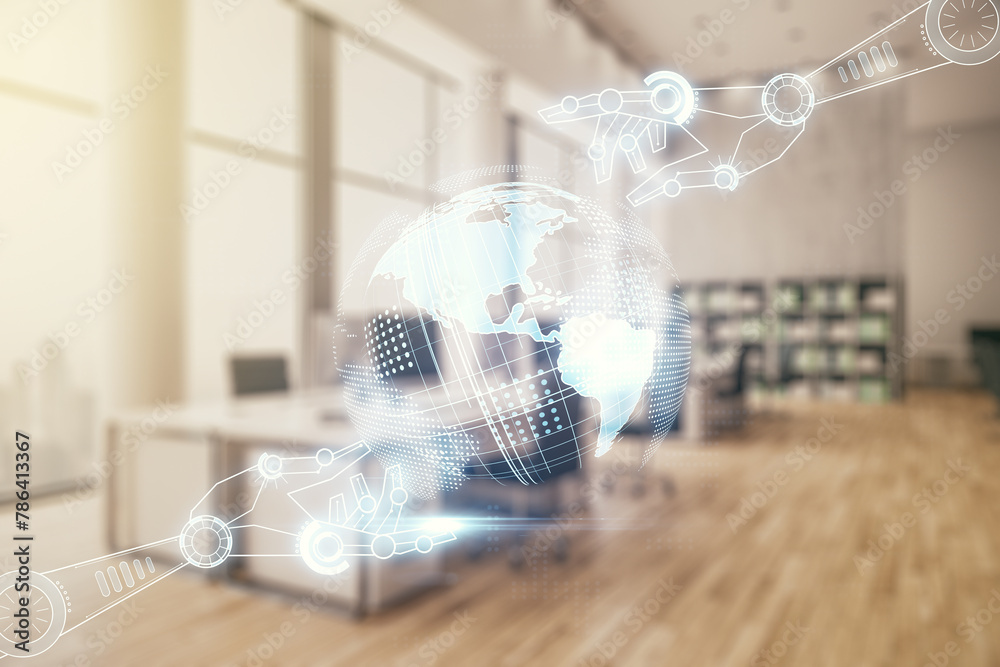 Poster abstract virtual robotics technology sketch with globe on a modern furnished office interior backgro