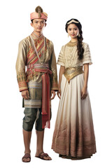 Hyper realistic Couple standing in INDONESIA culture clothes Isolated on transparent background.