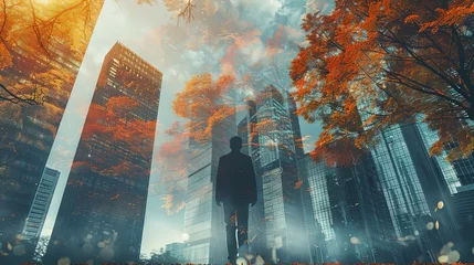 Foto op Plexiglas Man walking on green city street wearing suit at sunset with forest nature overlay on skyscrapers © Barosanu