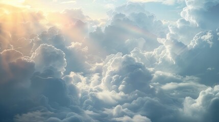 cloudscapes with dramatic lighting effects, including sunlight filtering through clouds, rainbow formations, and storm clouds brewing on the horizon - obrazy, fototapety, plakaty