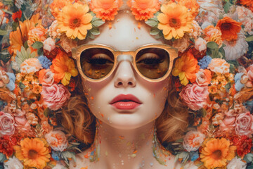 Portrait of a beautiful young woman in sunglasses with flowers in the background